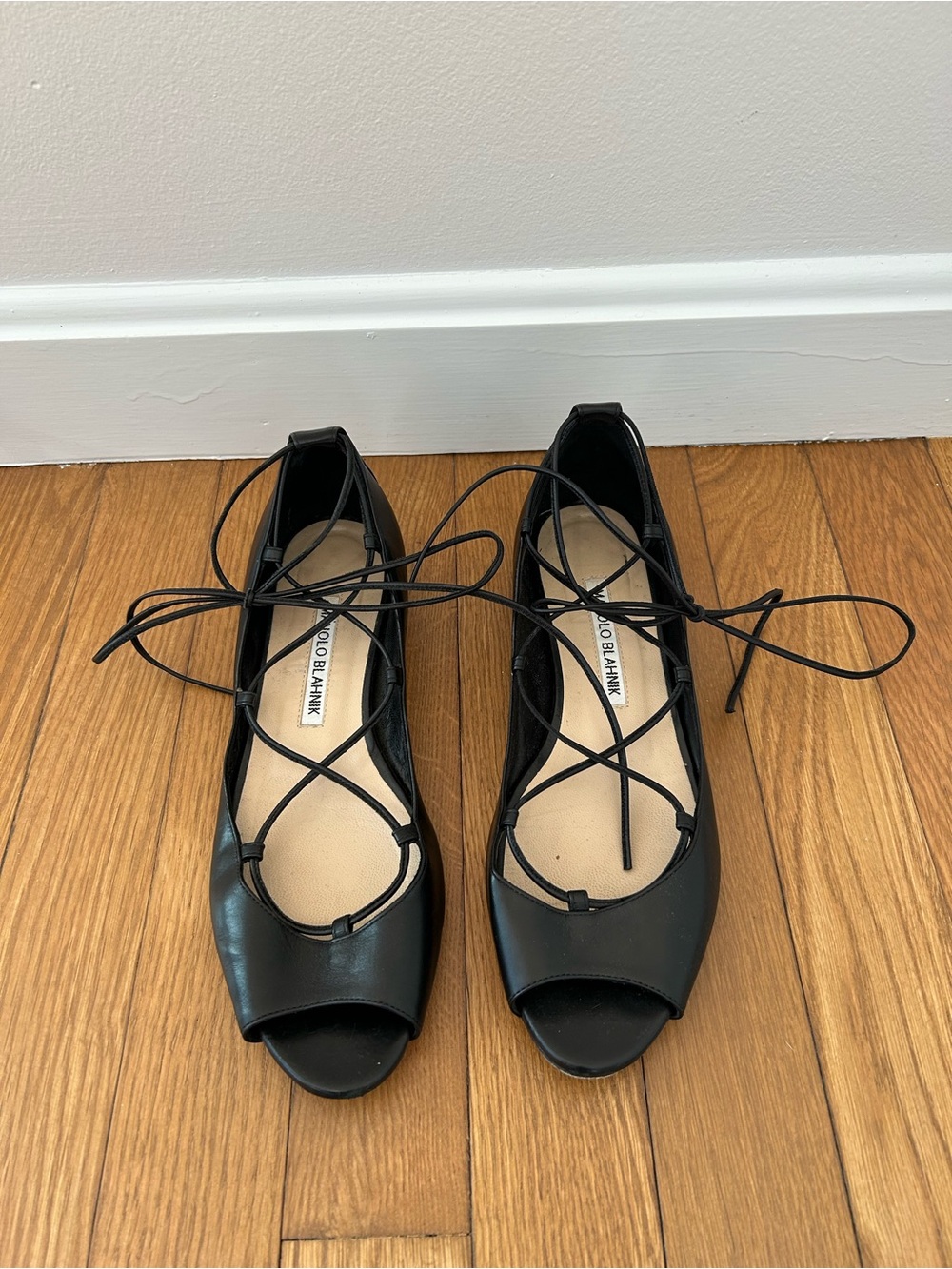 Manolo Blahnik Black Leather Peep Toe Lace Up Flats 36.5